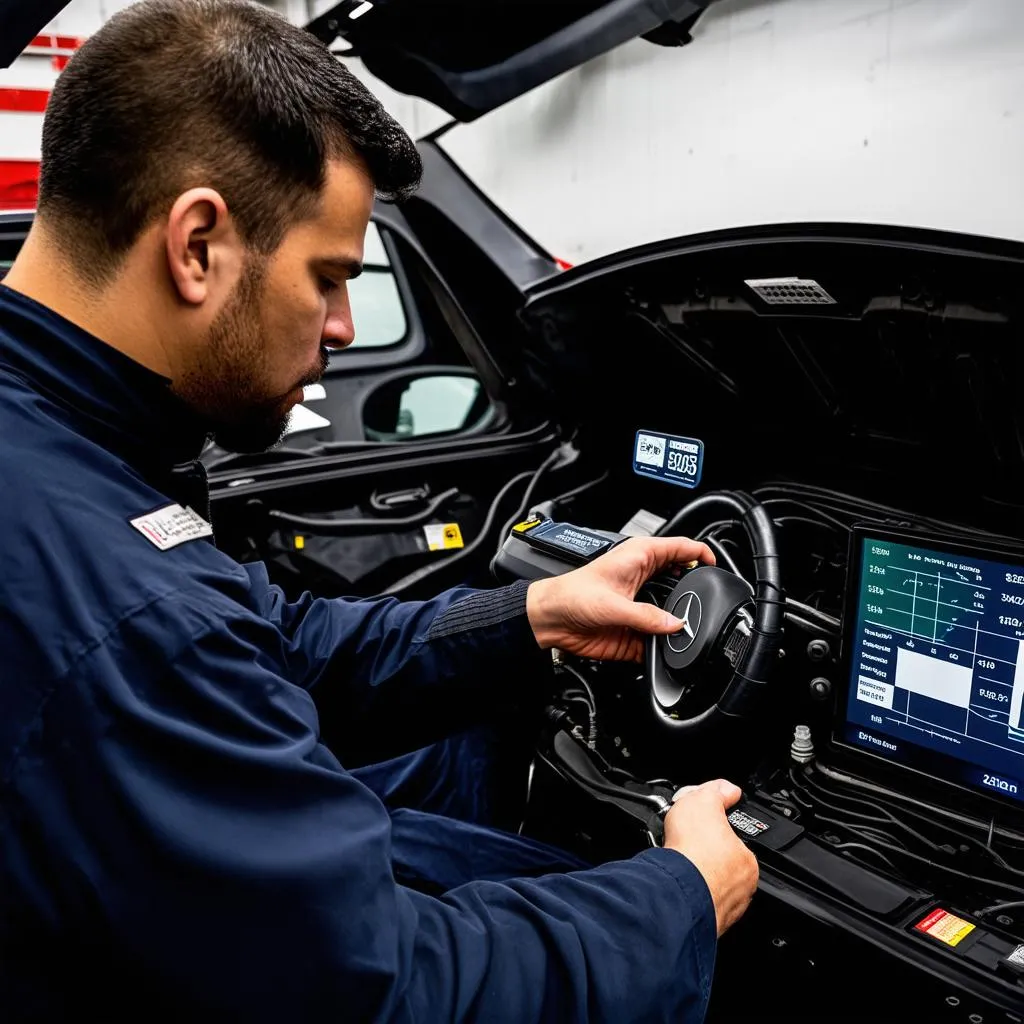 mechanic working on mercedes using diagnostics equipment